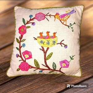 Vintage Embroidered Pillow with Birds